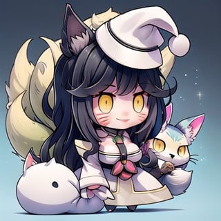 Padoru_Meme,smile,ah1,Ahri,fennec fox,fox tail,5_figners,black_hair,yellow eyes ,lure,league_of_legends_ahri,large breasts, ah1,black_fox_ears,perfect, facial mark, multiple tails