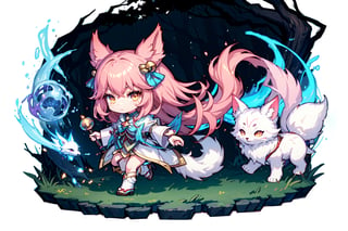 Ahri has white fox_tail,Ahri has black-hair,5_figners,Ahri has yellow_eyes,Ahri is a fox_girl,Ahri has fox_earsleague_of_legends,style illustration chibi ahri,chibi