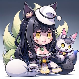 Padoru_Meme,smile,ah1,Ahri,fennec fox,fox tail,5_figners,black_hair,yellow eyes ,lure,league_of_legends_ahri,large breasts, ah1,black_fox_ears,perfect, facial mark, multiple tails