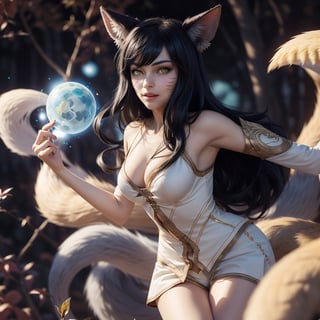 ah1,Ahri,fennec fox,fox tail,5_figners,black_hair,yellow eyes 