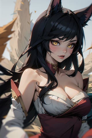 ah1,Ahri,fennec fox,fox tail,5_figners,black_hair,yellow eyes ,lure,league_of_legends_ahri,large breasts, ah1,black_fox_ears, Upper body