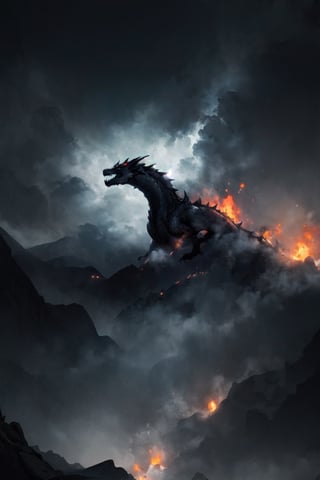 Dragon,a black dragon on the mountain,dragon Breathing fire,Look from a distance,sketch