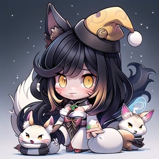 Padoru_Meme,ah1,Ahri,fennec fox,fox tail,5_figners,black_hair,yellow eyes ,lure,league_of_legends_ahri,large breasts, ah1,black_fox_ears,perfect, facial mark