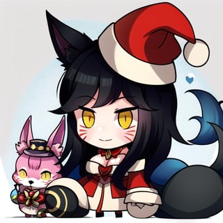 Padoru_Meme,red_hat,smile,ah1,Ahri,fennec fox,fox tail,5_figners,black_hair,yellow eyes ,lure,league_of_legends_ahri,large breasts, ah1,black_fox_ears,perfect, facial mark, multiple tails