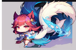 Ahri has fox_tail,Ahri has black-hair,5_figners,Ahri has yellow_eyes,Ahri is a fox_girl,Ahri has fox_ears,league_of_legends,chibi 