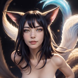 ah1,Ahri,fennec fox,fox tail,5_figners,black_hair,yellow eyes 