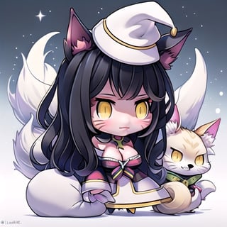 Padoru_Meme,ah1,Ahri,fennec fox,fox tail,5_figners,black_hair,yellow eyes ,lure,league_of_legends_ahri,large breasts, ah1,black_fox_ears,perfect, facial mark