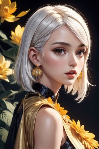 1girl, Golden flower, capelet, dress, drop earrings, sexy black dress, earrings, cute, symmetry, solo, full face, white hair, perfect light, oil painting,fantasy00d