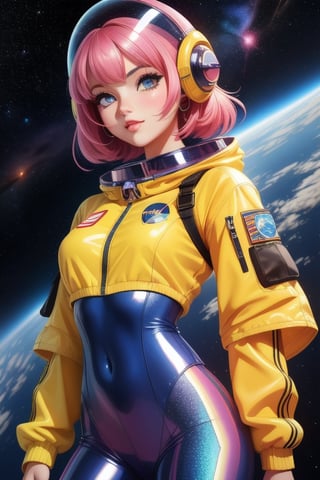 a girl, thunder yellow jacket, tight suit,Space helm of the 1960s,and the anime series G Force of the 1980s,Darf Punk wlop glossy skin, ultrarealistic sweet girl, space helm 60s, holographic, holographic texture, the style of wlop, space, 