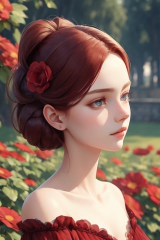 (masterpiece enchanting style, best quality, dusk:1.3), a cute russian girl, portrait-type, mahogany, skinny, sick, burgundy prom hairstyle, bronzer, flower garden background, Extensive, trending on Sketchfab, nsfw
