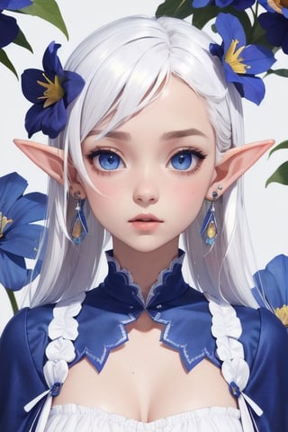 score_9, score_8_up, score_7_up, score_6_up, score_5_up, score_4_up, rating_safe,1girl,blue flower, capelet,dress, drop earrings, earrings,elf, symmetry, solo, full face, white hair