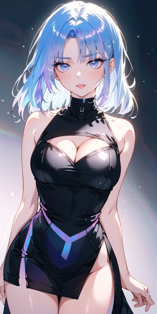 BEST QUALITY, HIGHRES, ABSURDRES, HIGH_RESOLUTION, MASTERPIECE, SUPER DETAIL, HYPER DETAIL, INTRICATE_DETAILS, LIGNE_CLAIRE, PERFECTEYES, DARK EYELASHES, EYELINER, SOFT GLOWING EYES,

mature_female, tight_clothes, pencil_dress, (slicked_back_hair:1.4), hime_cut, (iridescent_hair:1.4), standing, (iridescent_clothing:1.4), animeniji, leg_slit, sleeveless_dress, iridescent theme, solo, cleavage cutout 