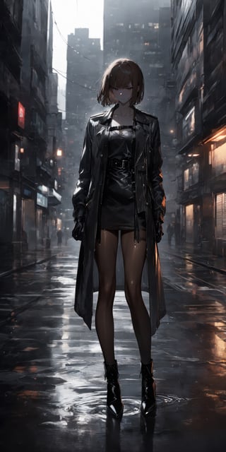 SCORE_9, SCORE_8_UP, SCORE_7_UP, SCORE_6_UP,
BEST QUALITY, HIGHRES, ABSURDRES, 4K, 8K, 64K,
MASTERPIECE, SUPER DETAIL, INTRICATE_DETAILS, PERFECTEYES,

1girl, sole_female, raining, standing in front of building, brown_hair, black_footwear, high_heels, short_hair, jacket, high_heel_boots, boots, black_gloves, gloves, bangs, full_body, pantyhose, black_jacket, dress, brown_eyes, long_sleeves, closed_mouth, open_clothes, bob_cut, shoes, coat, short_dress, grey background, skyscraper background, toned down, real life, emotionless, modern, voulmetric light, cinematic light, dark environment, black theme, facing_viewer, soaked, wet_clothes, sad_face,