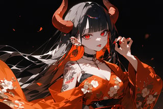 SCORE_9, SCORE_8_UP, SCORE_7_UP, SCORE_6_UP,

MASTERPIECE, BEST QUALITY, HIGH QUALITY, 
HIGHRES, ABSURDRES, PERFECT COMPOSITION,
INTRICATE DETAILS, ULTRA-DETAILED,
PERFECT FACE, PERFECT EYES,
NEWEST, AESTHETIC,

black_background, tattoo, 1girl, horns, rating:safe, solo, black_hair, simple_background, long_hair, red_eyes, bangs, red_theme, looking_at_viewer, upper_body, half-closed_eyes, piercing, blunt_bangs, glistening_skin, ear_piercing, jewelry, long_sleeves, arm_tattoo, wide_sleeves, hand_up, nail_polish, fingernails, tongue, choker, floral_print, shoulder_tattoo,