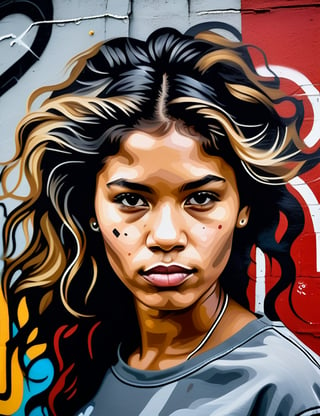 A close-up portrait of a beautiful 23-year-old Bolivian woman with fair skin and wavy, tightly packed hair, serious expression, front view, in graffiti art style on a wall, using a monochromatic palette with shades of gray and white, with rough, textured strokes and urban elements. Artists: Banksy, Jean-Michel Basquiat, Shepard Fairey.