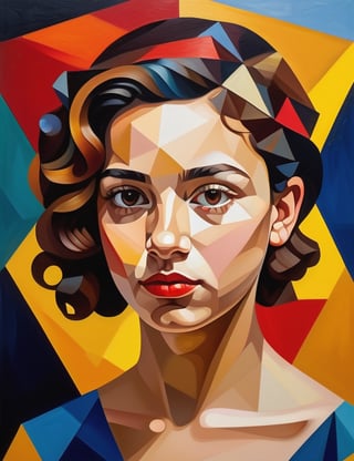 A close-up portrait of a beautiful 14-year-old Mexican girl with fair skin and short, curly hair, serious expression, front view, in polygonal painting style, using sharp geometric shapes and a vibrant palette of bold colors like deep reds, bright yellows, and vivid blues. Artists: Pablo Picasso, Viktor Vasarely, Jean Metzinger.