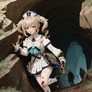 barbara (genshin impact),
1girl,
hat,
latin cross,
blonde hair,
long hair,
twintails,
twin drills,
blue eyes,
bow.
torn dres,
frilled skirt,
detached sleeves,

white pantyhose,
book,
belt
white pantyhose,
book,

blood, dirt, good hands, pretty face, mud, dungeon, full body, cave, cavern, torn stockings, many wounds,, torn dress, scared. praying, winter clothes, a lot of blood per suit, slimy insects, praying, crying, mud, a lot of blood, dark, hell, dungeon, at night, crying,  worms, running