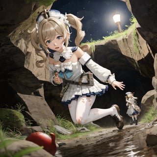 barbara (genshin impact),
1girl,
hat,
latin cross,
blonde hair,
long hair,
twintails,
twin drills,
blue eyes,
bow.
torn dres,
frilled skirt,
detached sleeves,

white pantyhose,
book,
belt
white pantyhose,
book,

blood, dirt, good hands, pretty face, mud, dungeon, full body, cave, cavern, torn stockings, many wounds,, torn dress, scared. praying, winter clothes, a lot of blood per suit, slimy insects, praying, crying, mud, a lot of blood, dark, hell, dungeon, at night, crying,  worms, running