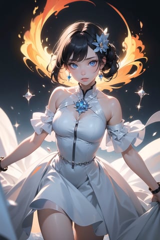 (masterpiece,best quality:1.5), vivid, vibrant ,1girl,  solo,  looking at viewer, crystalise eyes, ice, white dress, cystalise hair ornaments,  glowing,  chain, snow,  glowing eyes,  flame