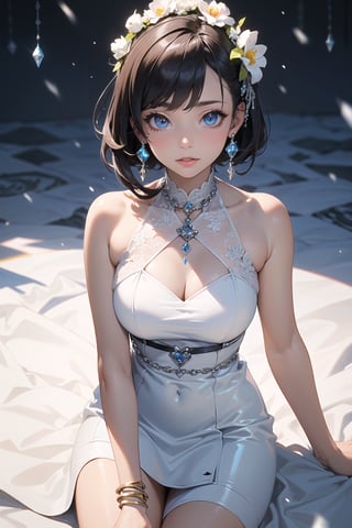 (masterpiece,best quality:1.5), vivid, vibrant ,1girl,  solo,  looking at viewer, crystalise eyes, ice, white dress, cystalise hair ornaments,  glowing,  chain, snow,  glowing eyes,  flame