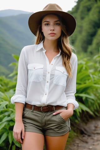 Extremly beautiful 25 year old woman, exploring the thick jungle, wearing kahki long sleeve button down shirt and shorts, sleeves rolled up, wearing hiking boots, wearing an adventurers hat, blouse partially unbuttoned exposing cleavage,