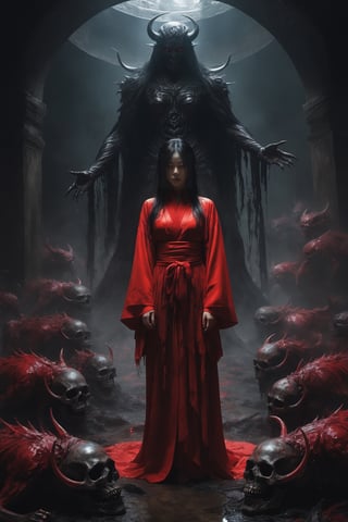 Create a spectral woman with a (translucent appearance:1.3), red Hanfu, Hell, Darkness, underground stream, wet, Demon, absurdres,portrait of the most beautiful form of chaos,elegant,a brutalist designed,vivid colours,romanticism,horror art by junji ito,ashley wood,atmospheric,trending on artstation,8k masterpiece,memento mori,full body photo of a woman in despair, visceral horror art,sombre and dark, ((surrounded by demons)),photograph,photo realistic, BREAK (dramatic, intricate, movie scene), ((epic)), (an amazing Cosmic deity Battles an army of undead creatures with holy magic:2) (dark light, crowded The Labyrinth of Reflections),(powerful colors, depth),((Natural, organic, different kind of textures & fabrics & clothes & materials)) 