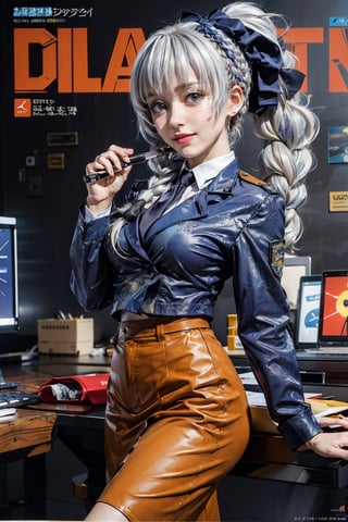 (masterpiece, best quality:1.2),
1girl,
(title:1.3),
(Dynamic pose:0.5),
(magazine cover:1.3),
look at viewer,
(thigh:0.5),
(solo:1.5),
(cowboy shot:1.2),
(from top down :1.2),

(white blue hair:1.3),
(military uniform), 
(braided ponytail), 
single braid, 
grey eyes, 
grey hair, 
black necktie, 
blue bow, (brown skirt), smile,  
(Pipe background:1.2),
(dark background:1.2),
(blue background:1.2),
(computer background:1.2),
