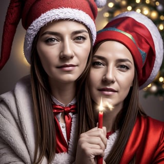 ((Masterpiece, realistic photo)), beyond the black rainbow, Dutch angle, woman mature with wizard hat, a bright blood red wizard hat, colorful, magical, beautiful, Christmas woman is ready to cast a great spell for Christmas, festive, warm feeling, joyful,Margav1-01V1