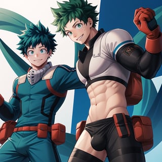 (masterpiece, best quality:1.2), , cowboy shot, solo, male focus, 1boy, midoriya izuku, smile, looking at viewer, short green hair, green eyes, green jockstrap, gloves,midoriya izuku