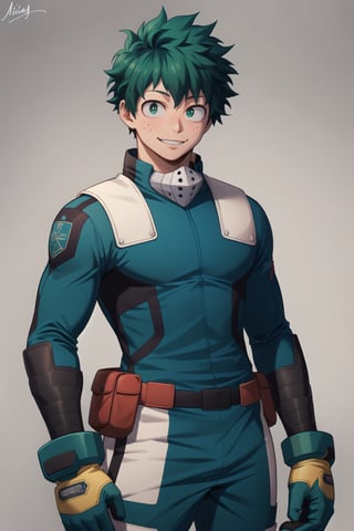 (masterpiece, best quality:1.2), , cowboy shot, solo, male focus, 1boy, midoriya izuku, smile, looking at viewer, short green hair, green eyes, green bodysuit, gloves,midoriya izuku