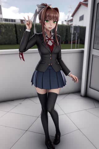 (3D Rendering:1.3), yandere_style, :), 1girl, DLCMONIKA, BROWN HAIR, BLUNT BANGS, (GREEN EYES:1.5), PONYTAIL, RIBBON, WHITE RIBBON, HAIR RIBBON, SIDELOCKS, BLACK THIGHHIGHS, BLUE SKIRT, BROWN JACKET, JACKET, LONG SLEEVES, MARY JANES, OVER-KNEEHIGHS, PLEATED SKIRT, SCHOOL UNIFORM, SHOES, SKIRT, THIGHHIGHS, ZETTAI RYOUIKI, :), solo, 3d_render,(Random:1.5),yandere_style,