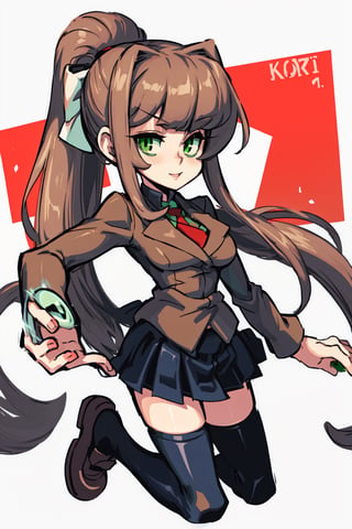 1 girl, :), full_color,DDLCMONIKA,  BROWN HAIR,  BLUNT BANGS, (GREEN EYES:1.5),  PONYTAIL, RIBBON,  WHITE RIBBON,  HAIR RIBBON,  SIDELOCKS, BLACK THIGHHIGHS, BLUE SKIRT, BROWN JACKET, JACKET, LONG SLEEVES, MARY JANES, OVER-KNEEHIGHS, PLEATED SKIRT, SCHOOL UNIFORM, SHOES, SKIRT, THIGHHIGHS, ZETTAI RYOUIKI, :) , beautiful Eyes, 4k eyes, (pantyhose1. 1), mature female, .