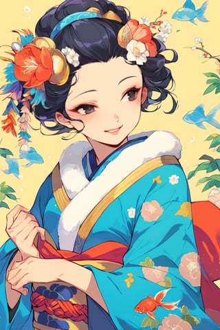 dal, yellow bakcground, 
1girl, solo, blush, smile, short hair, open mouth, black hair, hair ornament, long sleeves, upper body, flower, parted lips, japanese clothes, hair flower, wide sleeves, kimono, black eyes, sash, wavy hair, looking away, obi, floral print, yellow background, pom pom (clothes), fish, branch, blue kimono, kanzashi, goldfish,
masterpiece, best quality,very aesthetic, absurdres,