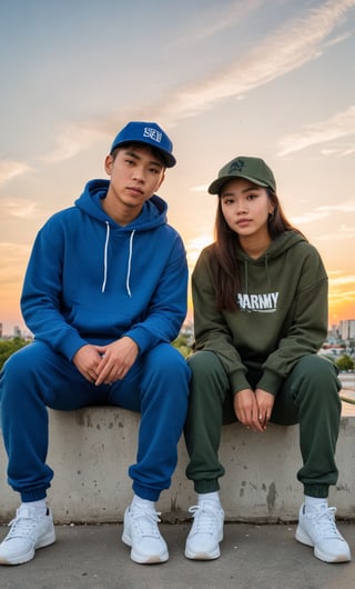 Make a photoshoot portrait of a young Filipino man and woman, 18 years old, cool pose, blue hoodie urban, hat, army green jogger pants, white shoes, sunset sky background, blur lens background, full body shot, legs, hip hop, wide angle, back to back, sitting_down, long shot,