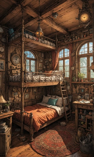 bunk bed in a cozy steampunk room, vibrant colors, Studio Ghibli, StdGBRedmAF, lineart