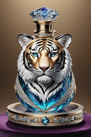 Photorealistic render in high definition of a majestic perfume made of sculpted glass, inlaid with diamonds and precious stones, the perfume must be morphologically and conceptually inspired by a tiger, its presentation and arrangement, along with the background must follow the same theme, even the colors, the perfume must be located on a throne of glass and marble and with ornamental details and baroque style, glass with an iridescent effect must be included, and a detailed explosion of the scenery, with fabrics, full of elegant mystery, symmetrical, geometric and parametric, Technical design, Ultra intricate details, Ornate details,real_booster,aesthetic portrait