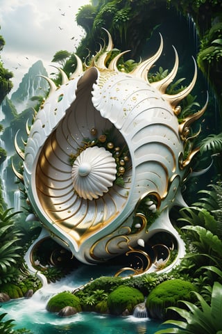 High definition photorealistic render of an incredible and mysterious futuristic mythical creating creature inusual big with giant mosquito-shaped sea shell in splosion monster with parametric shape and structure in the word, curved and fluid shapes in a thick jungle full of a lot of vegetation and trees with vines and rocks with moss, in white marble with intricate gold details, luxurious details and parametric architectural style in marble and metal, epic pose
​