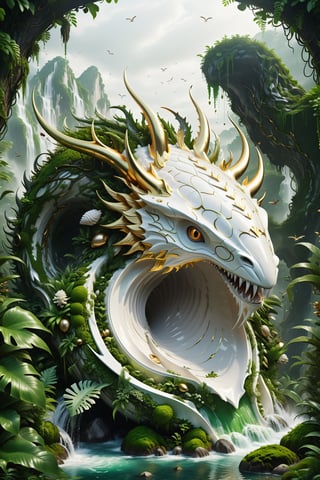 High definition photorealistic render of an incredible and mysterious futuristic mythical creating creature inusual big with giant mosquito-shaped sea shell dragon in splosion monster with parametric shape and structure in the word, curved and fluid shapes in a thick jungle full of a lot of vegetation and trees with vines and rocks with moss, in white marble with intricate gold details, luxurious details and parametric architectural style in marble and metal, epic pose
​