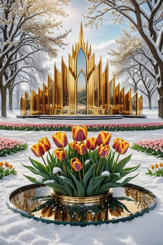 (best quality,  highres,  ultra high resolution,  masterpiece,  realistic,  extremely photograph,  detailed photo,  8K wallpaper,  intricate detail,  film grains), High definition photorealistic, luxurious hyperrealistic poster composition simetric holographic foil crystal of a luxury majestic and elegant tulips with luxury details in gold and placed in a glass on a throne with marble and metal with sculptural sculpted glass with parametric architecture in the foreground located in an environment where there are many flowers but everything is covered in snow and flakes snow a beautiful floral garden with snow, gold, hipermaximalistic, with art deco style, high level of image complexity.