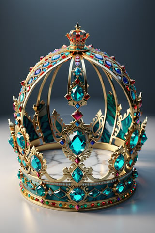 Photorealistic render in high definition of a mega luxurious queen crown with precious crown materials inspired by the colors of Colombia, the crown must be in marble sheet marble and iridescent glass and marble and luxurious oriental external decoration, full of elegant mystery, details symmetrical, geometric and parametric, Technical design, Ultra intricate details, Ornate details, Stylized details, Cinematic lighting, 8k, Unreal, Photorealistic