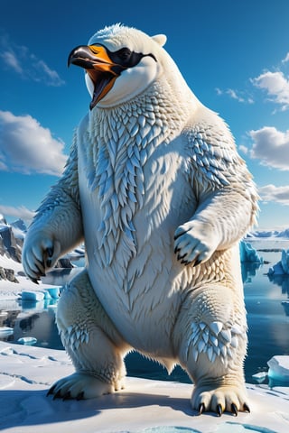 High definition photorealistic render of a incredible and mysterious mythological Luxurious sculptural hybrid monster of a fusion between a penguin and a polar bear epic fusion of animals