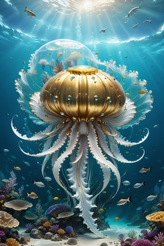 High definition photorealistic render of an incredible and mysterious futuristic mythical creating creature inusual big with giant  jellyfish-shaped butterfly with many eyes in splosion monster with parametric shape and structure in the word, curved and fluid shapes in a on the seabed, with fish sharks marine life, aquatic plants, seabeds, shells and bubble explosion, in white marble with intricate gold details, luxurious details and parametric architectural style in marble and metal, epic pose
​