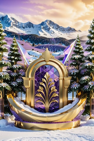 (best quality,  highres,  ultra high resolution,  masterpiece,  realistic,  extremely photograph,  detailed photo,  8K wallpaper,  intricate detail,  film grains), High definition photorealistic, luxurious hyperrealistic poster composition simetric holographic foil crystal of a luxury majestic and elegant Lavender with luxury details in gold and placed in a glass on a throne with marble and metal with sculptural sculpted glass with parametric architecture in the foreground located in an environment where there are many flowers but everything is covered in snow and flakes snow a beautiful floral garden with snow, gold, hipermaximalistic, with art deco style, high level of image complexity.