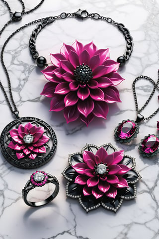 photorealistic render in high definition of an inspiration of a fuchsia dahlia flower of a jewelry set that includes a necklace, a bracelet, a ring and a pair of earrings, all of these must be made of white and fuchsia diamonds, since they must be themed or symbolically represent a dahlia, in marble black the jewelry set should be in marble fuchsia and iridescent glass and marble and luxurious oriental external decoration, full of elegant mystery, symmetrical, geometric and parametric details, Technical design, Ultra intricate details, Ornate details, Stylized details , Cinematic Lighting, 8k, Unreal, Photorealistic, Hyperrealism, CGI, VFX, SFX