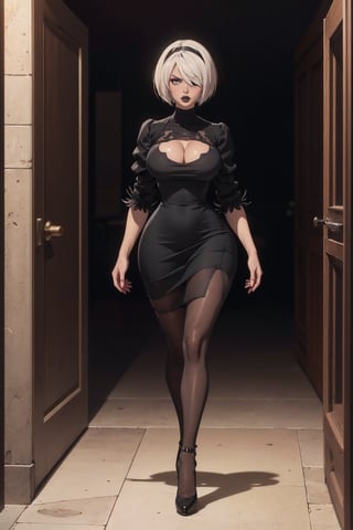 ((Fullbody)),standing,makeup,black lipstick,mohawk_(hair),walking ,hair over one eye,older_female,jessicarab, rock tshirt, elavator, Black pencil skirt.Enhance,angry, high heel pumps,White blouse with a plunging neckline, slightly unbuttoned,yorha no. 2 type b