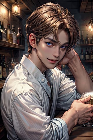 1 photograph, detailed lips, portrait, 1 male, mysterious face, mature face, (brown hair), short hair, neat hair, blue eyes, (handsome), wearing peasant cloth, (right side), (glowing), ((tavern bar: background)),4k, masterpiece, (dynamic pose)), Male, cheap outfit, mysterious slightly smile, slender, slim body, thin body, white outfit, young face, kpop, detailed eye, perfect eye, perfect hand, holding beer mug, 1 hand