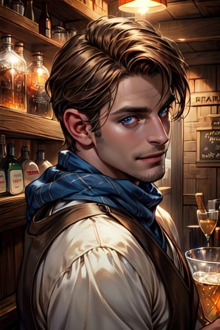 1 photograph, detailed lips, portrait, 1 male, mysterious face, mature face, (brown hair), short hair, neat hair, blue eyes, (handsome), wearing peasant cloth, (right side), (glowing), ((tavern bar: background)),4k, masterpiece, (dynamic pose)), Male, cheap outfit, mysterious slightly smile, german male