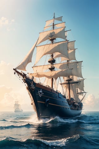 (Masterpiece, high quality, best quality, official art, beauty and aesthetics: 1.2), ((Pirate ship "Black Pearl")) from "Pirates of the Caribbean", standing near the shore, in the style of Claude Lorrain,
 blue theme, surrealist dream style, cream organic fluid, light tracing, foreground occlusion, natural light, jungle, c4d, OC rendering, product photography