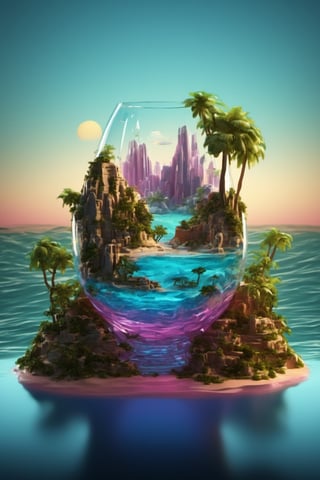 neonpunk style (Professional 3D rendering:1.3) of (Sketch:1.3)  a glass vase with a tropical island in it, surreal 3 d render, surreal water art, 3d render digital art, water art manipulation, full of glass. cgsociety, very detailed paradise, 4k highly detailed digital art, 3 d artistic render, oasis in the desert, surreal concept art, 3 d render beeple, rendered illustration,CGSociety,ArtStation . cyberpunk, vaporwave, neon, vibes, vibrant, stunningly beautiful, crisp, detailed, sleek, ultramodern, magenta highlights, dark purple shadows, high contrast, cinematic, ultra detailed, intricate, professional,LegendDarkFantasy