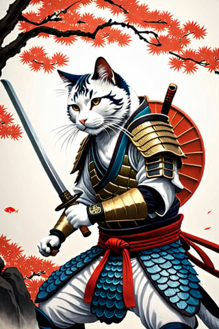 A majestic samurai cat, donning koi-armor and wielding a sword on a pristine white background. The whiskered warrior's piercing gaze is fixed intently upon the delicate fish, its scales glistening in the soft, serene light. Intricate armor plating adorns the feline form, evoking the refined artistry of Kanō Tan'yū and Utagawa Kuniyoshi. Delicately colored hues dance across the composition, as if infused with the gentle wisps of Japanese clouds.,ukiyo_e,japanese,Japanese style rooms, A Traditional Japanese Art